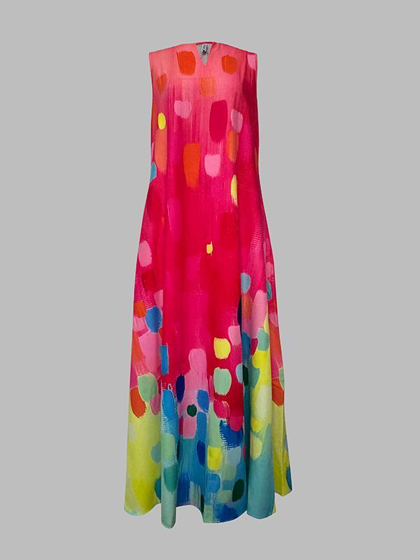 Loose Sleeveless Contrast Color Printed V-Neck Maxi Dresses Product Image