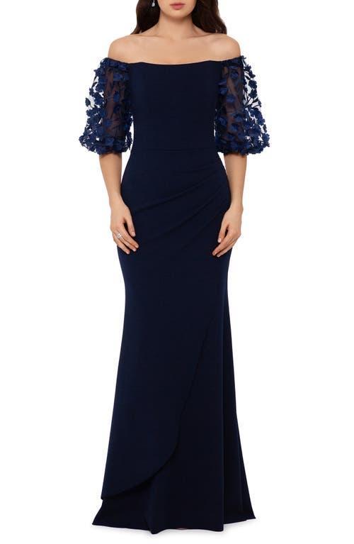 Xscape 3D Flower Applique Off-the-Shoulder Short Puffed Sleeve Scuba Crepe Sheath Gown Product Image