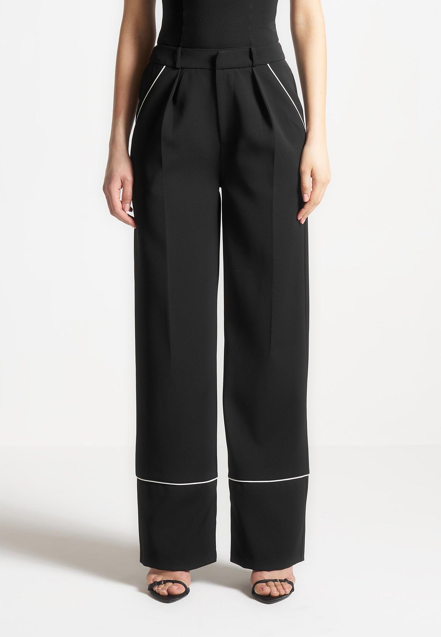 Mina - Contrast Piped Pleated Trousers - Black/White Female Product Image