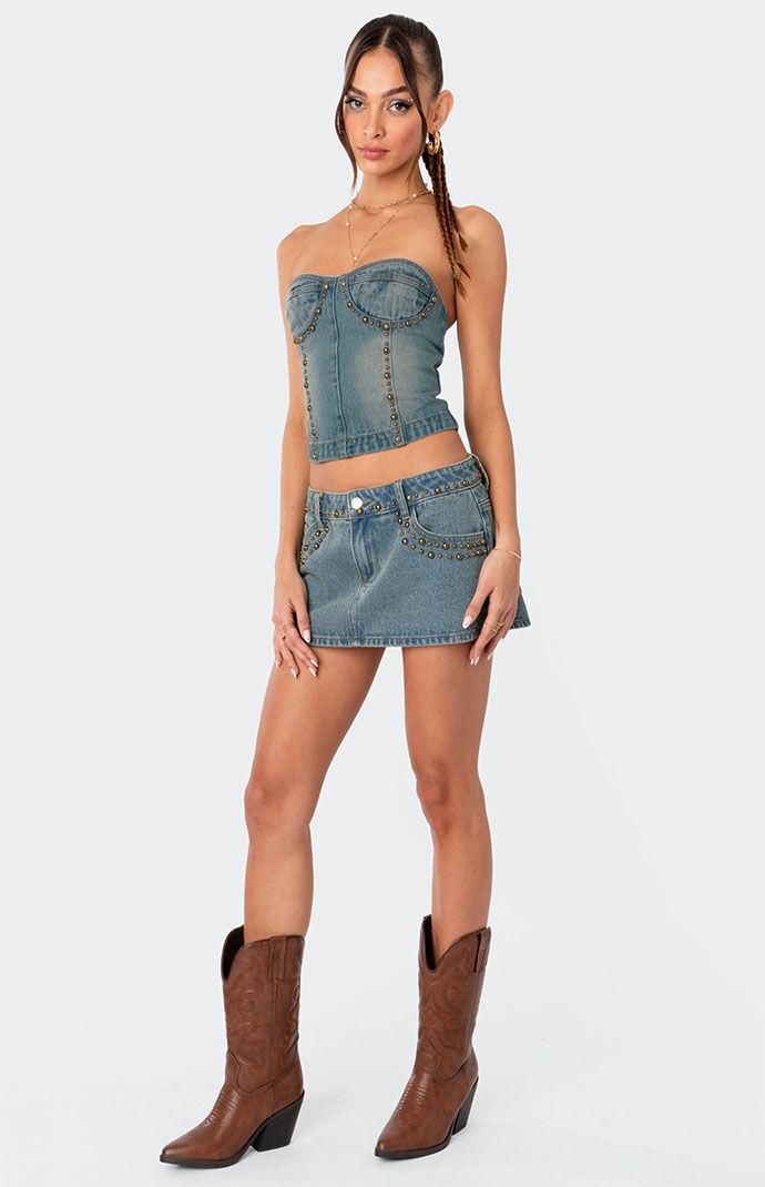 Edikted Women's Studded Washed Denim Lace-Up Corset Product Image