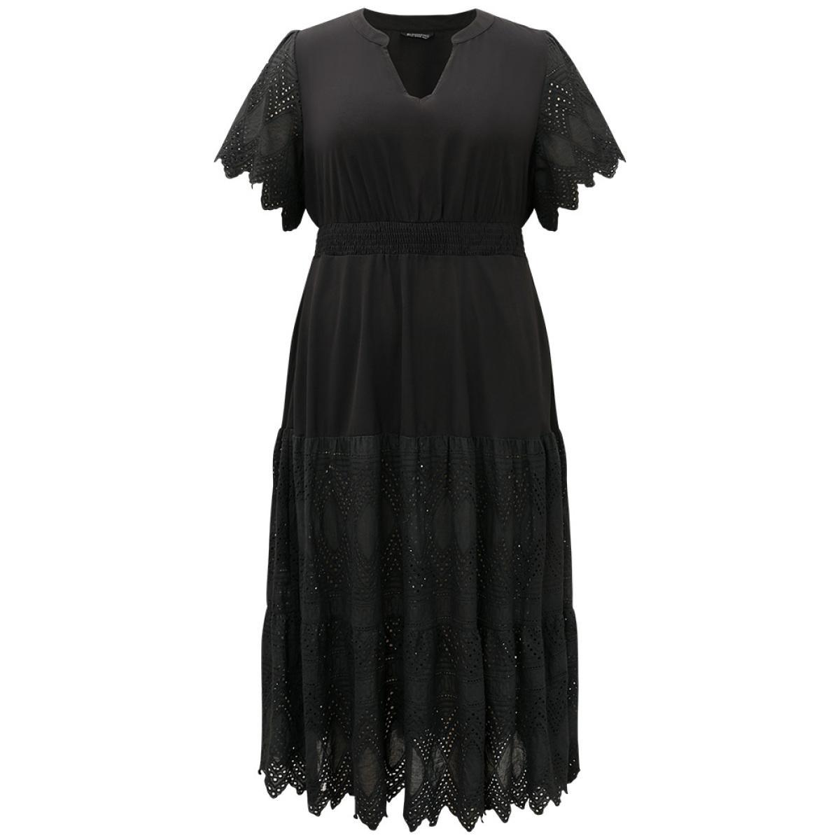 Plus Size Solid Laser Cut Pocket Notched Dress Black Women Elegant Plain Notched collar Short sleeve Curvy Midi Dress BloomChic 14-16/1X Product Image