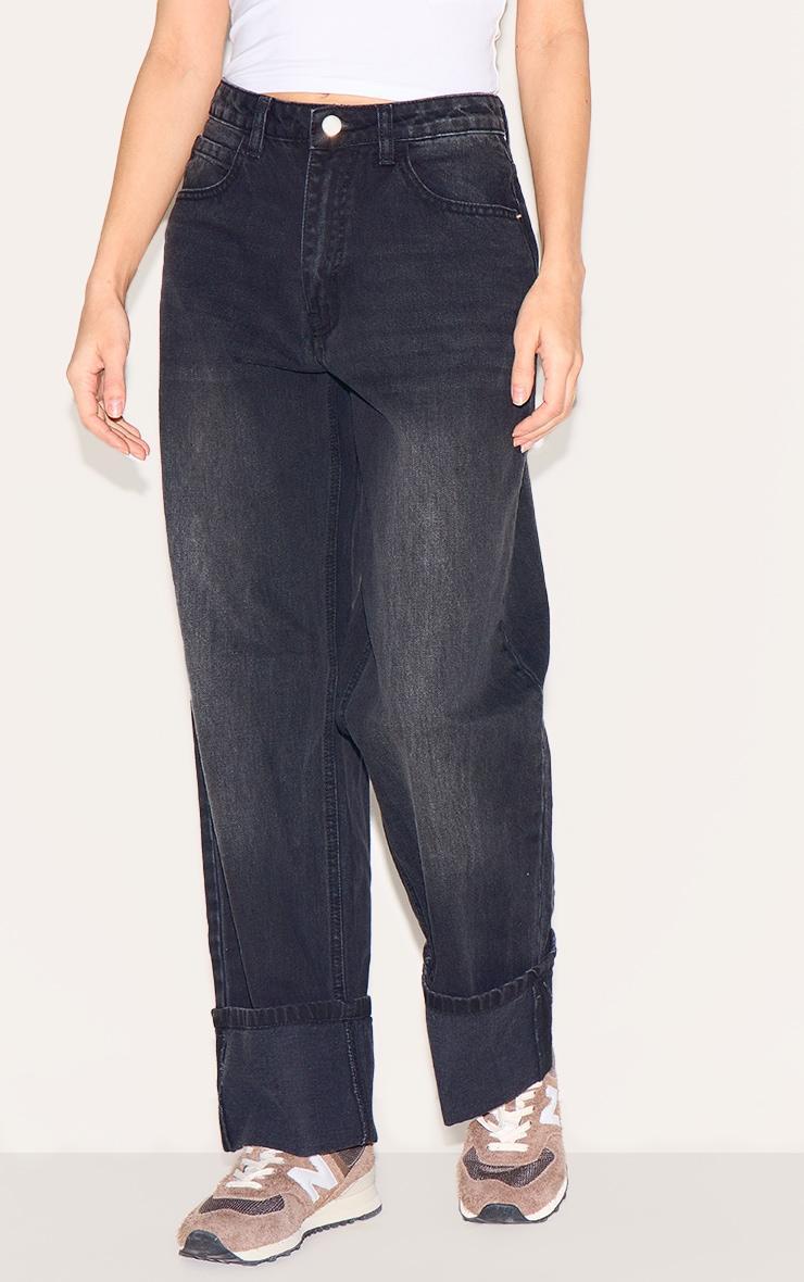 Washed Black Turn Up Hem Jeans Product Image