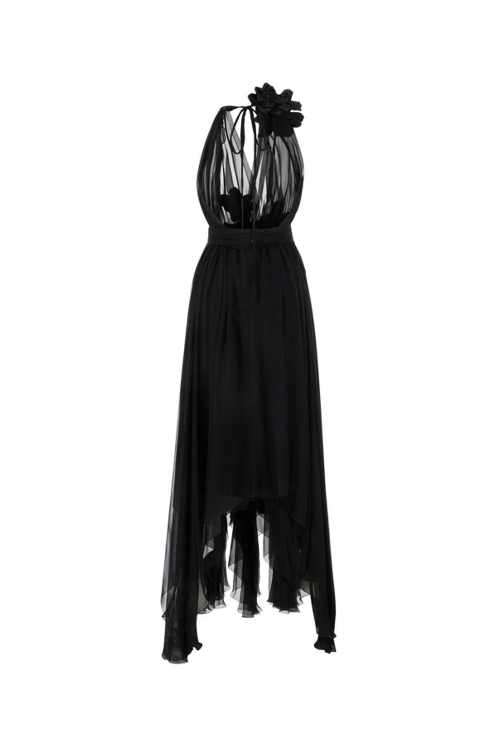 DOLCE & GABBANA Floral Patch Long Chiffon Dress In Black Product Image