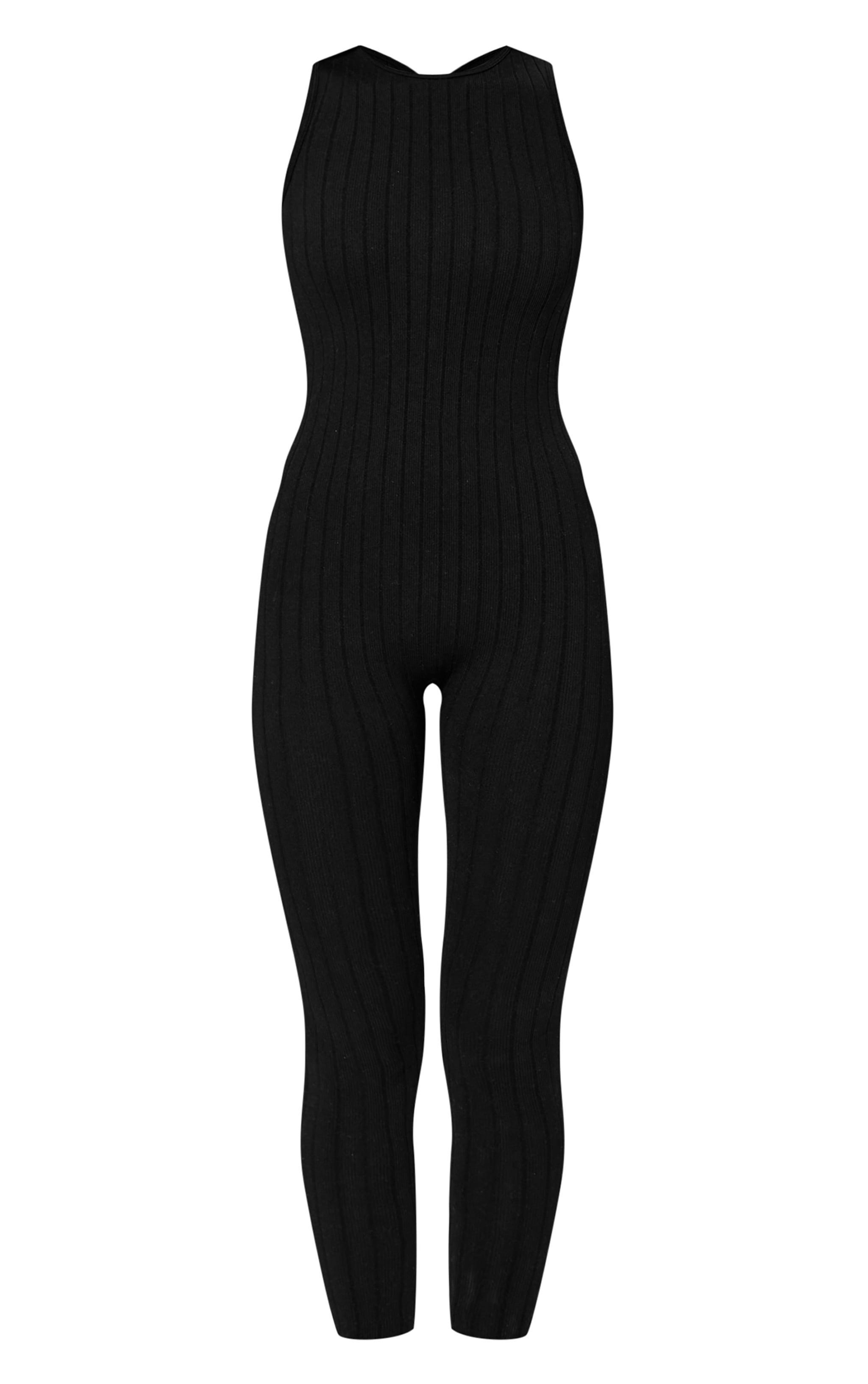 Black Structured Snatched Rib Racer Jumpsuit Product Image