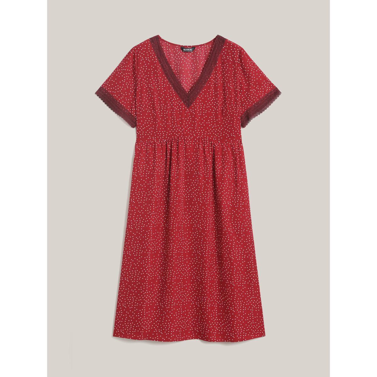 Plus Size Polka Dots Lace Waist-Cinched Midi Dress Scarlet Women V-neck Short sleeve Curvy BloomChic 12/L Product Image