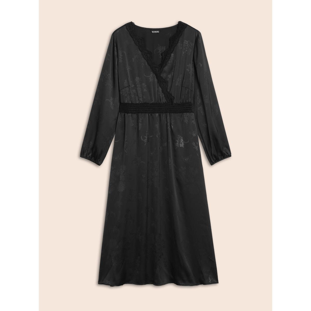 Plus Size Overlap Collar Textured Shirred Lace Trim Dress Black Women Cocktail Woven ribbon&lace trim Overlap Collar Long Sleeve Curvy BloomChic 10/M Product Image