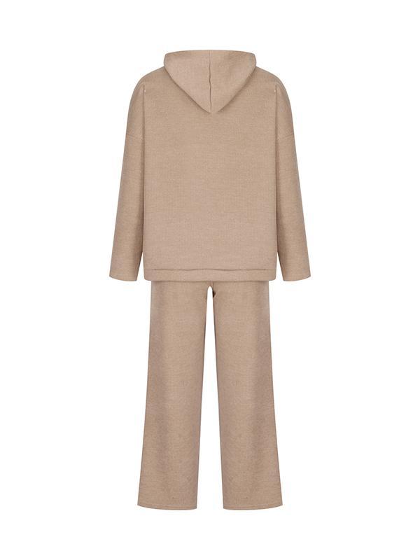 Loose Solid Color Round-Neck Hooded Long Sleeves Sweater Top + Drawstring Pants Bottom Two Pieces Set Product Image