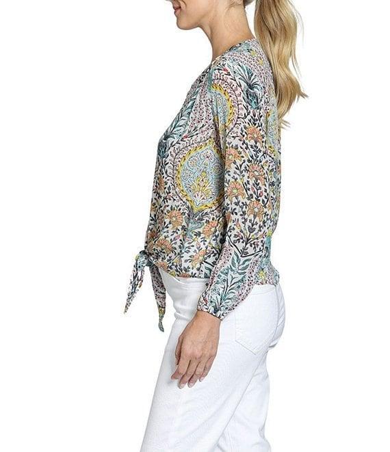 APNY Woven Printed V-Neck Long Sleeve Tie Front Top Product Image