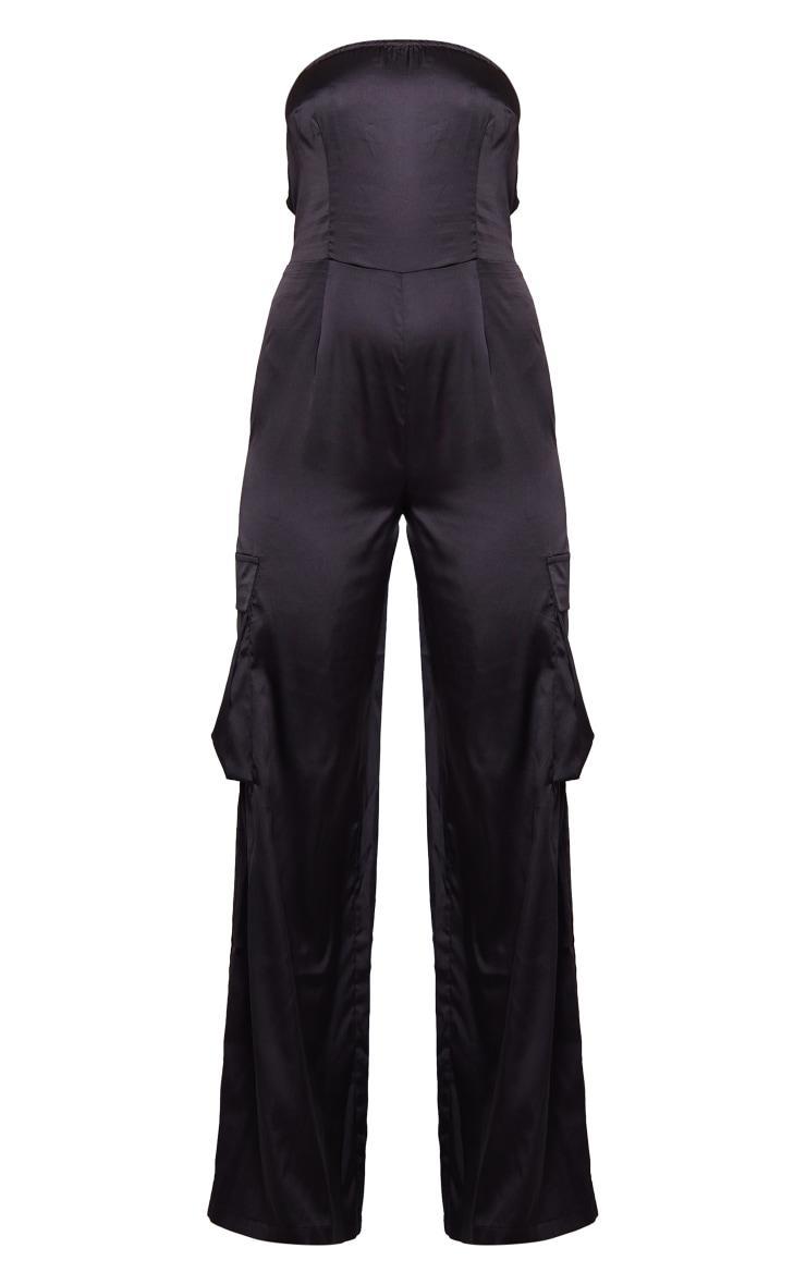 Black Satin Bandeau Cargo Flared Jumpsuit Product Image