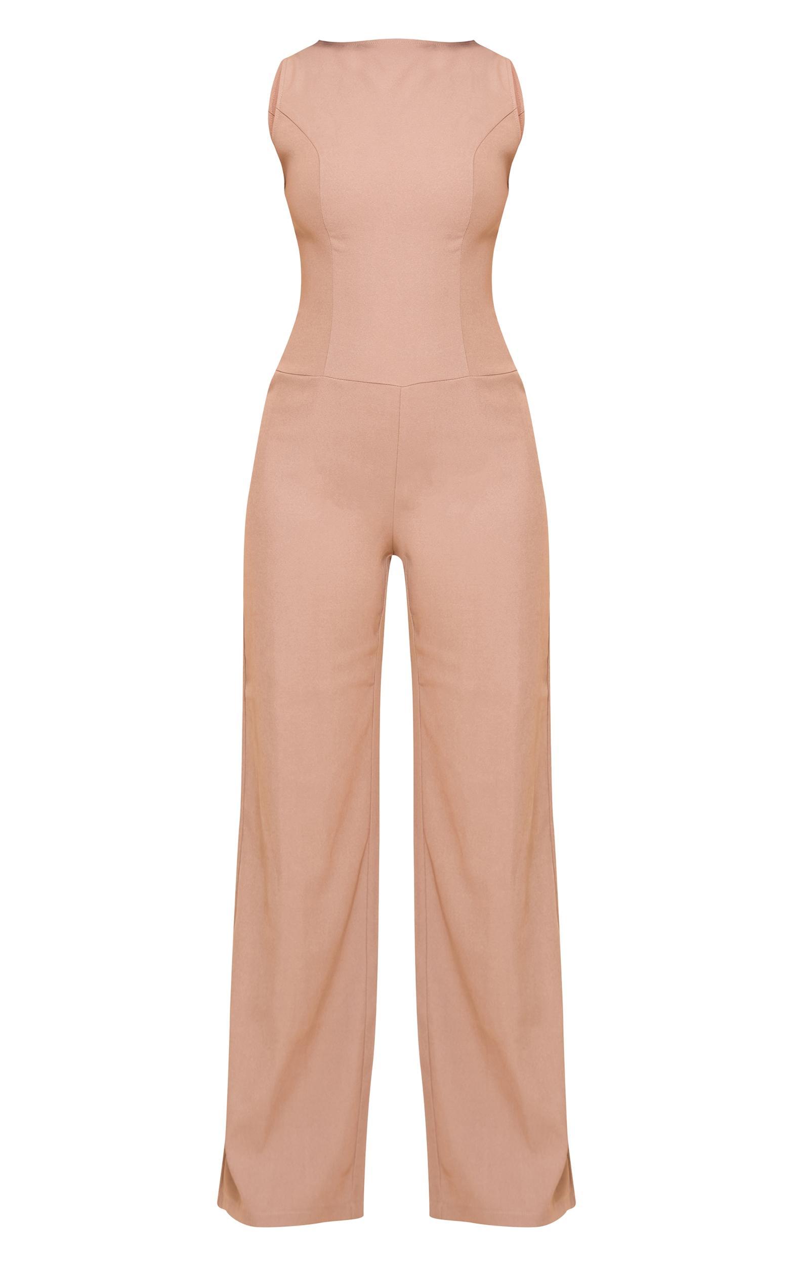 Mushroom Structured Woven Open Back Detail Straight Leg Jumpsuit Product Image