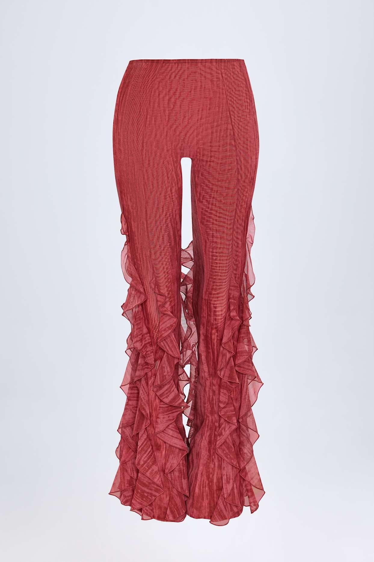 Ruffled Mid-Rise Flared Trousers in Red Print Female Product Image