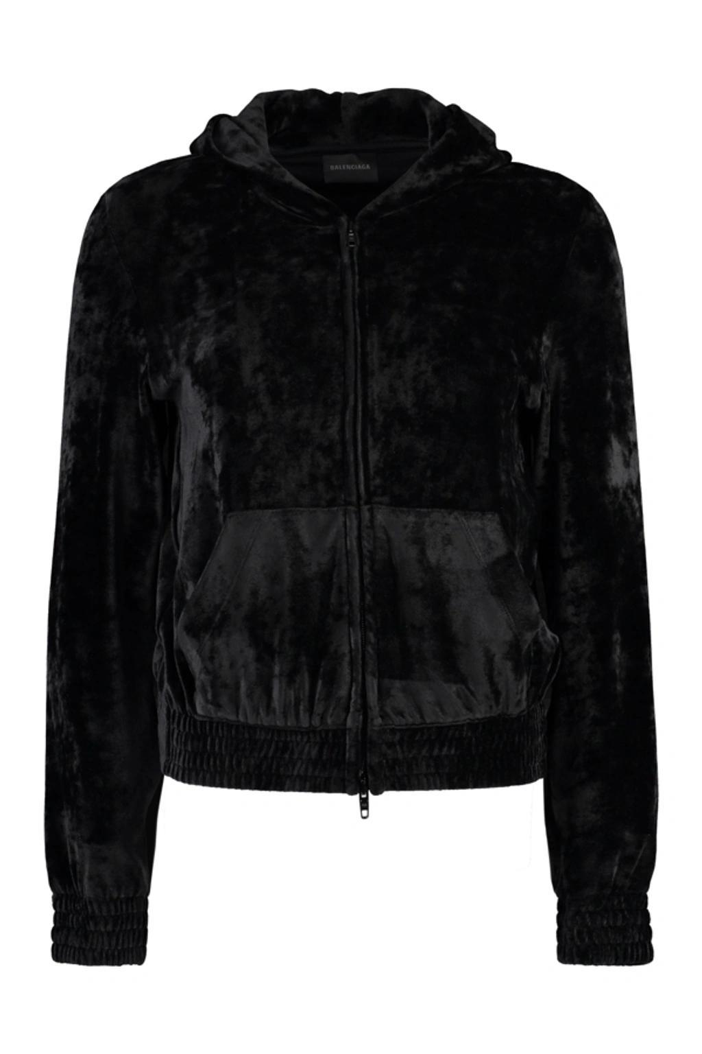 BALENCIAGA Black Zip-up Hoodie And Rhinestone Bb Logo In Velvet Woman Product Image