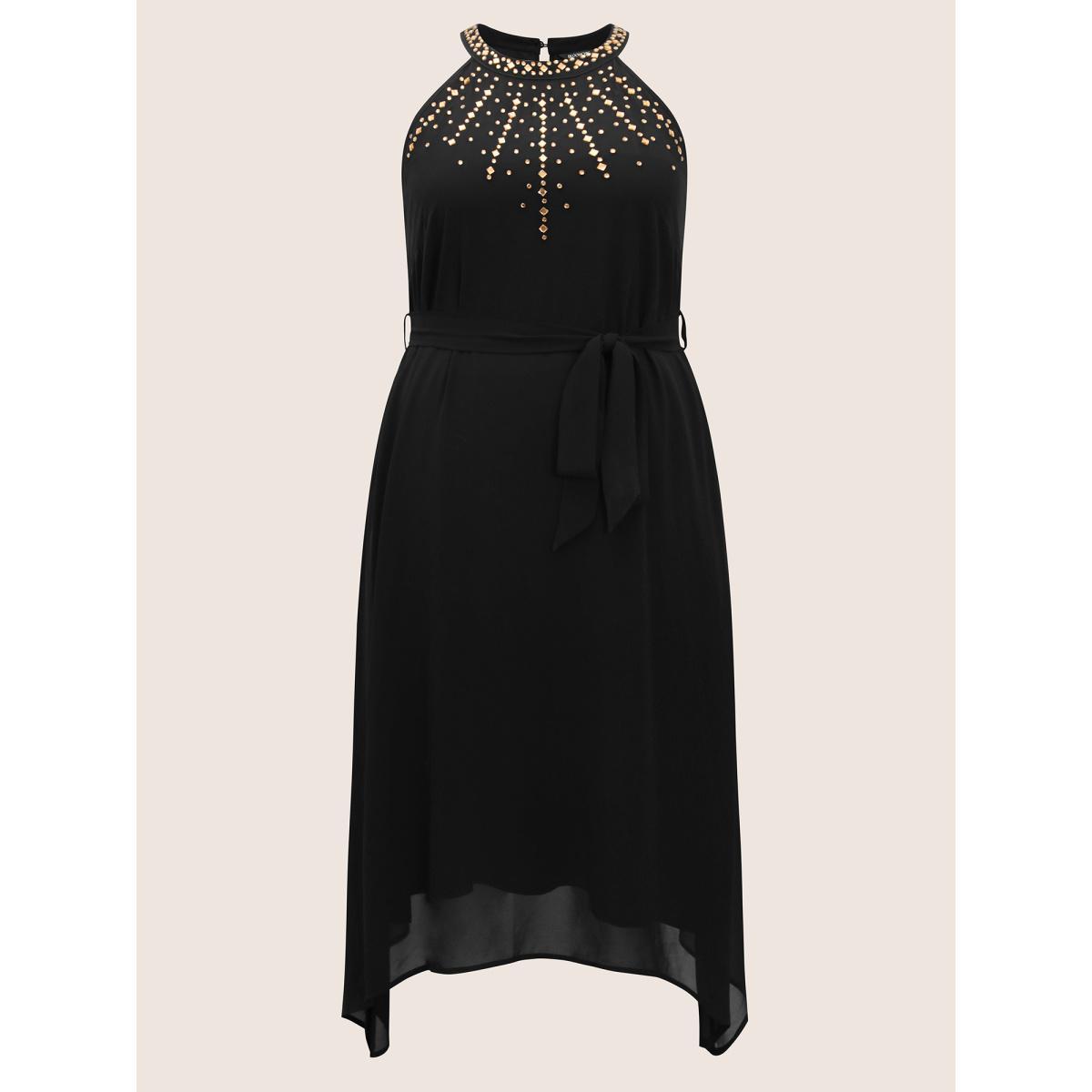 Plus Size Halter Neck Rhinestone Detail Asymmetrical Hem Dress Black Women Cocktail Rhinestone detailing Halter neck Sleeveless Curvy BloomChic 12/L Product Image