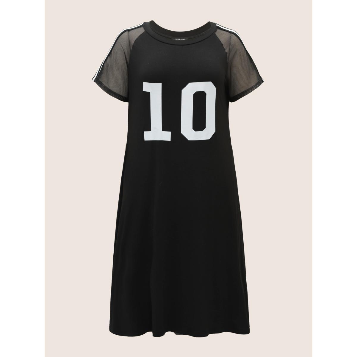 Plus Size Number Print Striped Mesh Patchwork Midi Dress Black Women Casual See through Round Neck Short sleeve Curvy BloomChic 14-16/1X Product Image