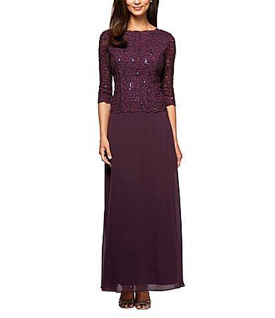 Alex Evenings 34 Sleeve Sequined Lace Crew Neck Scalloped Bodice Chiffon Skirted Gown Product Image