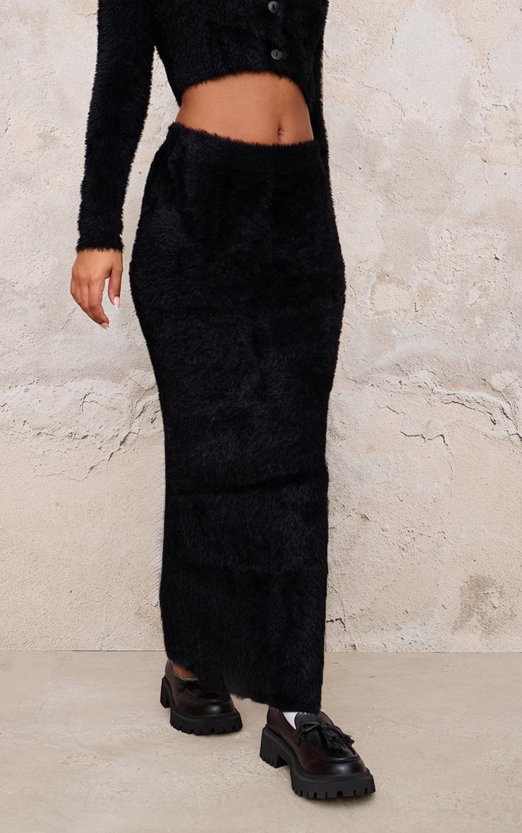 Petite Black Fluffy Knit Low Waist Maxi Skirt Product Image