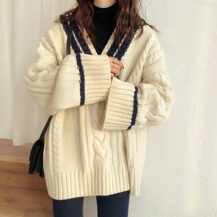 V-Neck Two Tone Cable Knit Sweater Product Image