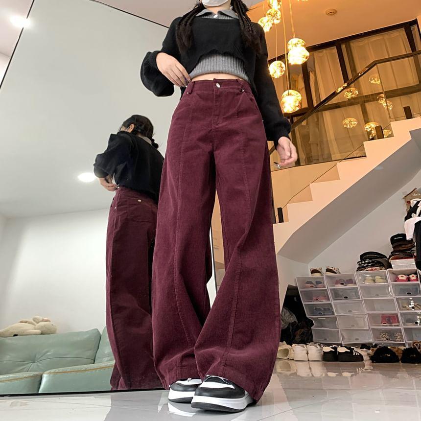 High Rise Plain Corduroy Loose Fit Pants Product Image