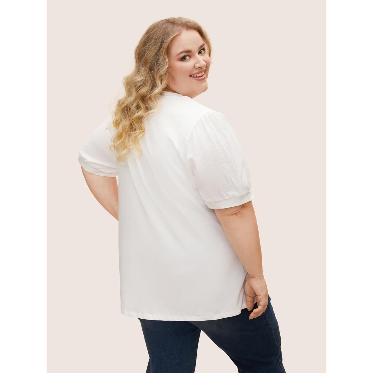 Plus Size Plain Textured Patchwork Lantern Sleeve T-Shirt WhiteSmoke Women Leisure Texture Round Neck Casual T-shirts BloomChic 14-16/1X Product Image