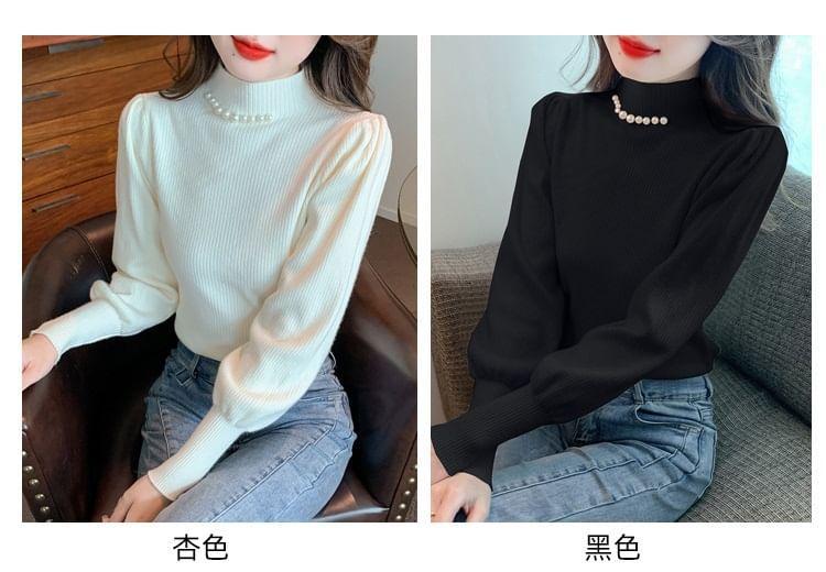 Long-Sleeve Mock Neck Plain Faux Pearl Accent Ribbed Knit Top Product Image