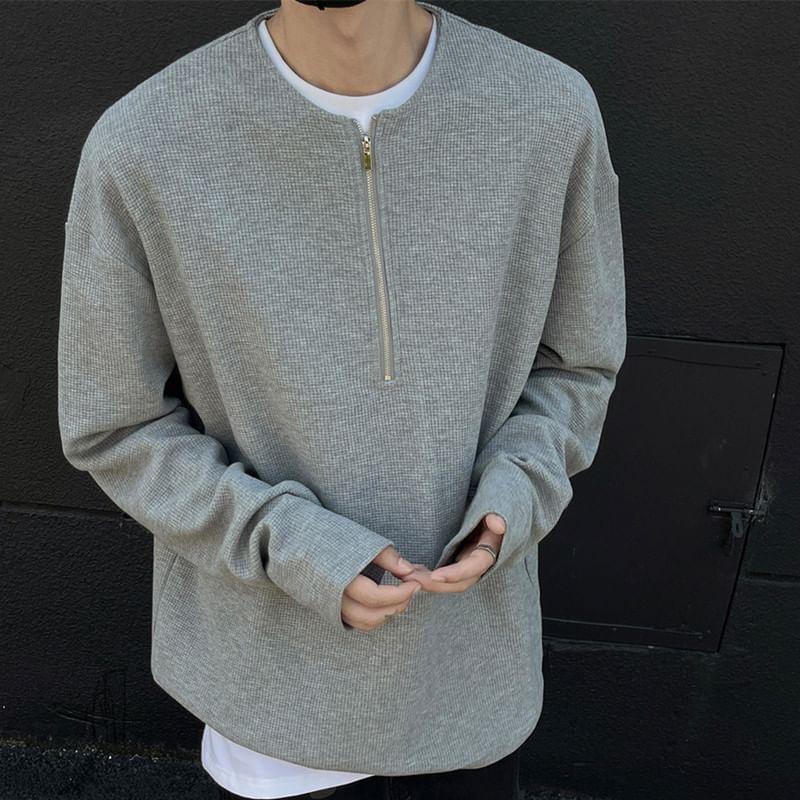 Long Sleeve Round Neck Plain Half Zip T-Shirt Product Image