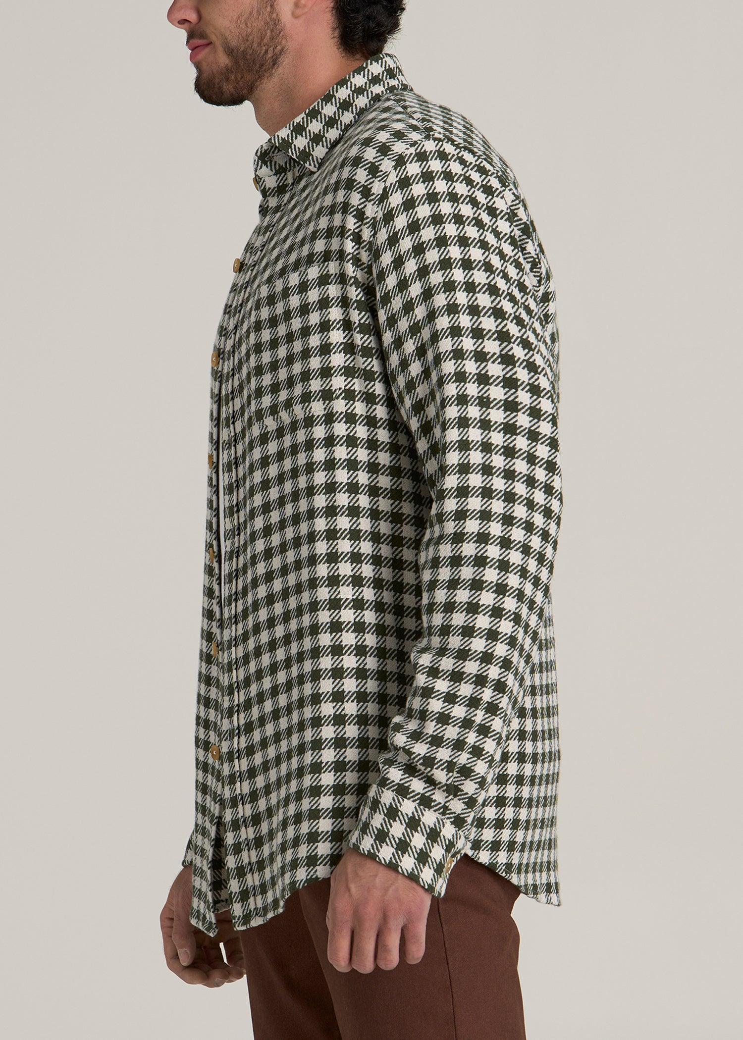 Lightweight Woven Overshirt for Tall Men in Olive and Ecru Check Male Product Image