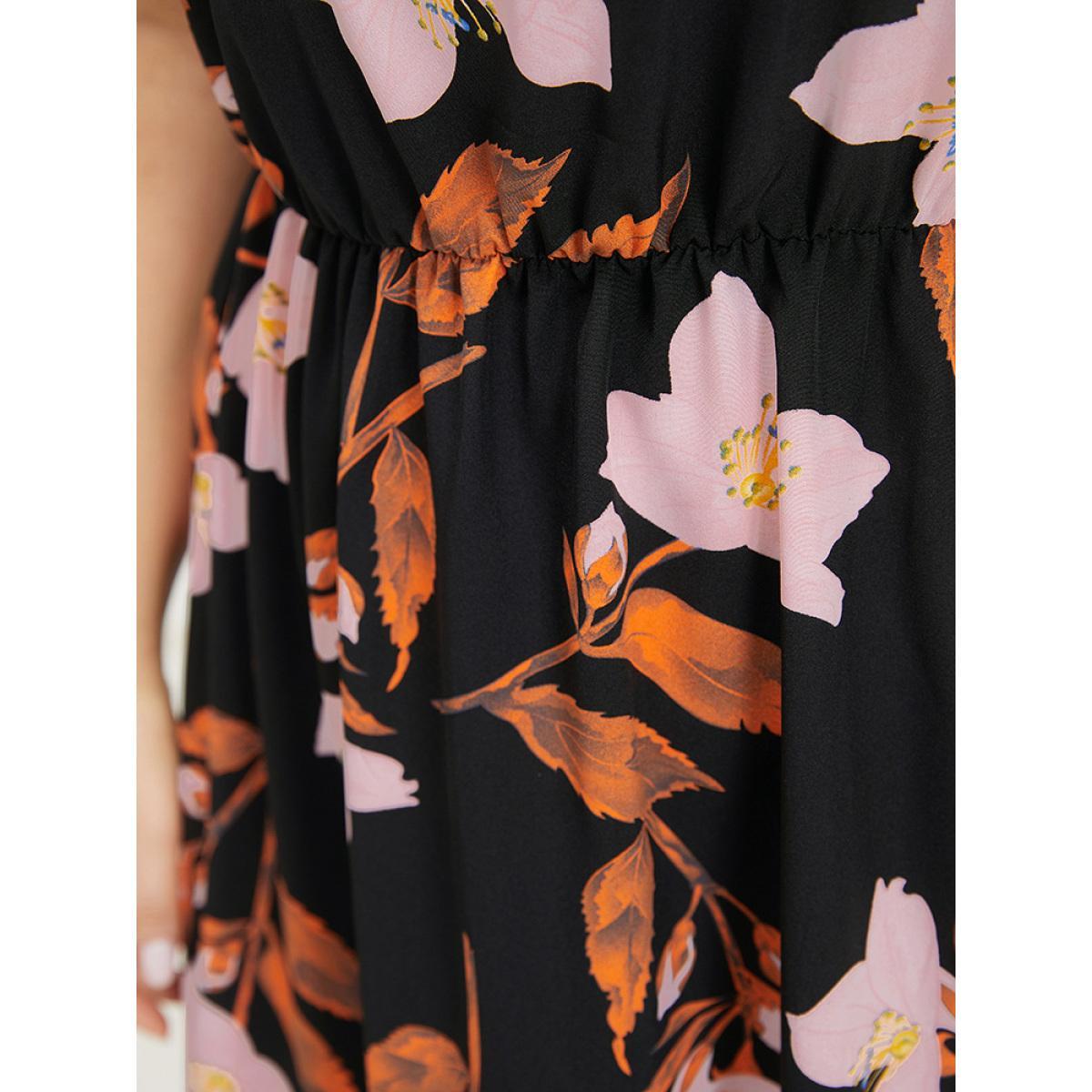 Plus Size Floral Print Pocket V Neck Elastic Waist Sleeveless Dress Black Women Elegant Elastic Waist V-neck Sleeveless Curvy Midi Dress BloomChic 12/L Product Image