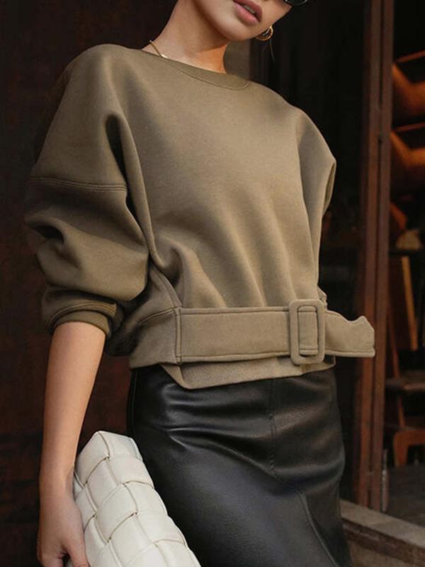 Long Sleeves Loose Belt Buckle Solid Color Round-Neck Sweatshirt Tops Product Image