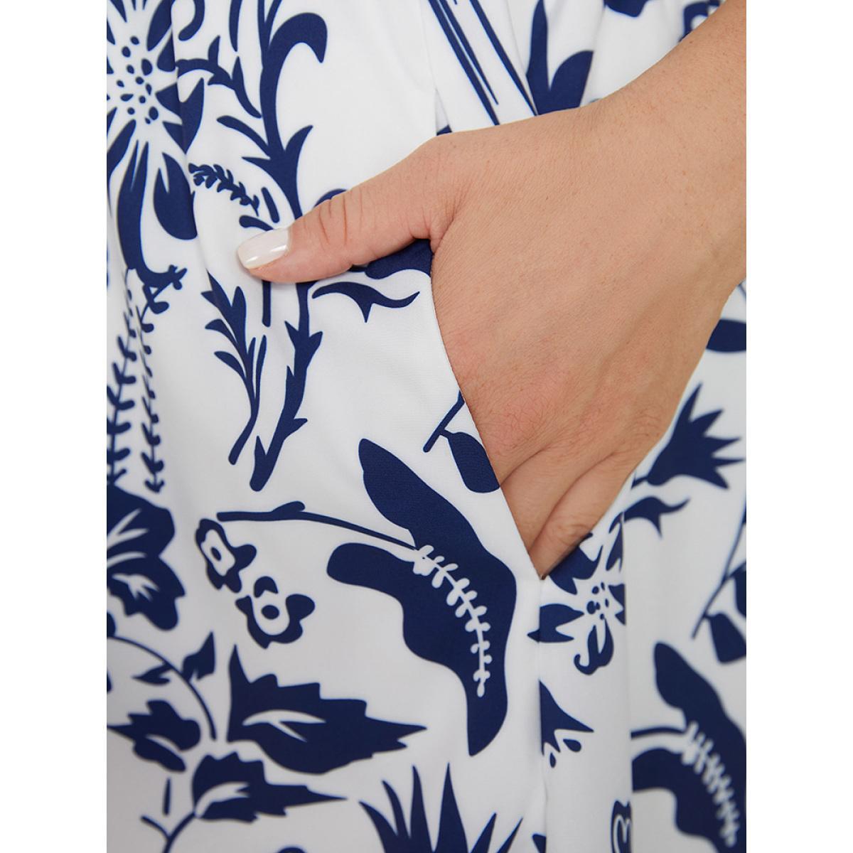 Plus Size Floral Ruffle Trim Square Neck Shirred Pocket Dress Blue Women Elegant Lined Square Neck Short sleeve Curvy Midi Dress BloomChic 26/4X Product Image