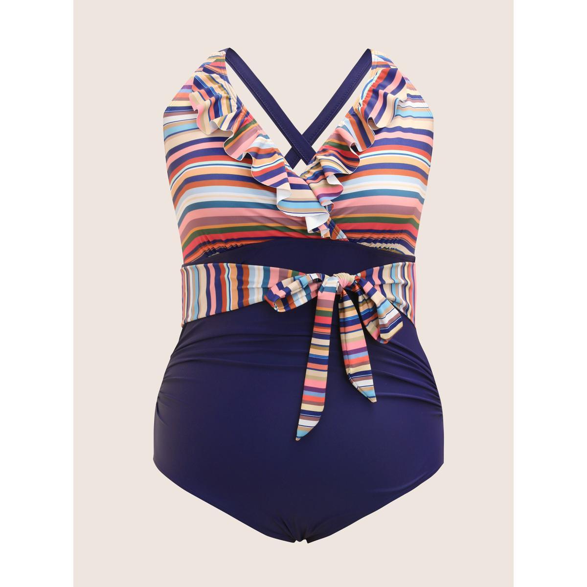 Plus Size Contrast Striped Ruffle Trim Ties One Piece Swimsuit Women's Swimwear Midnight Beach Belted Curve Bathing Suits High stretch One Pieces BloomChic 14-16/1X Product Image