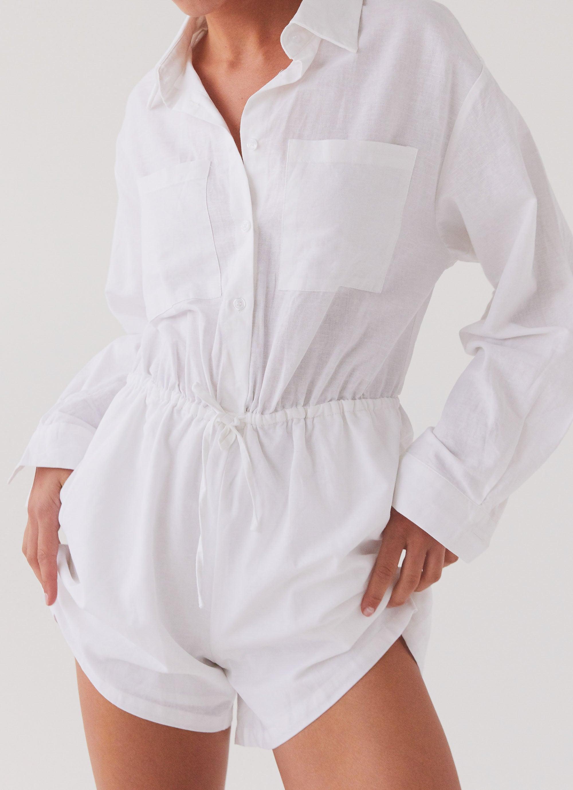 Unwind Linen Shirt Playsuit - White Product Image