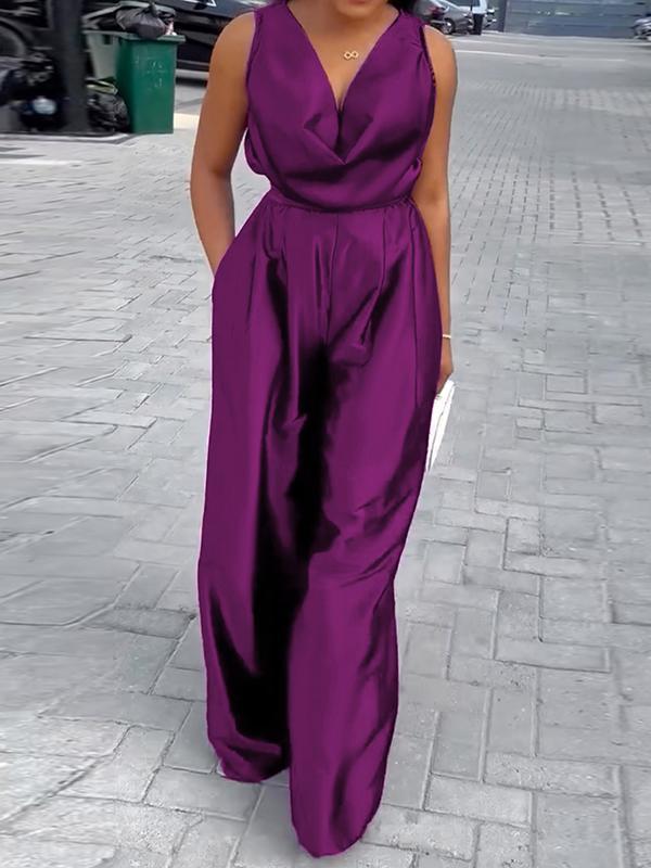 Loose Sleeveless Solid Color Deep V-Neck Jumpsuits Product Image