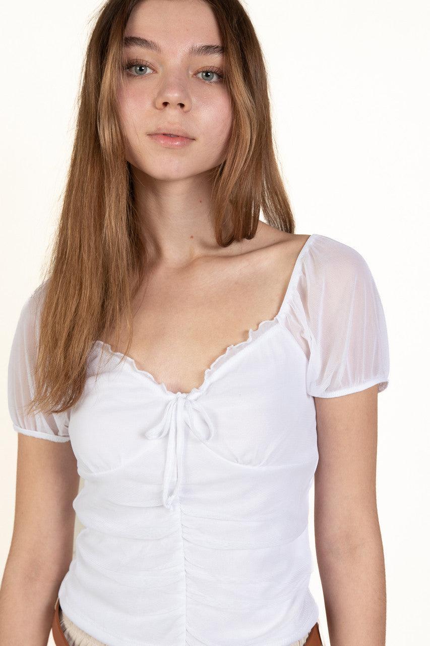 White Mesh Tie Up Milkmaid Top Product Image