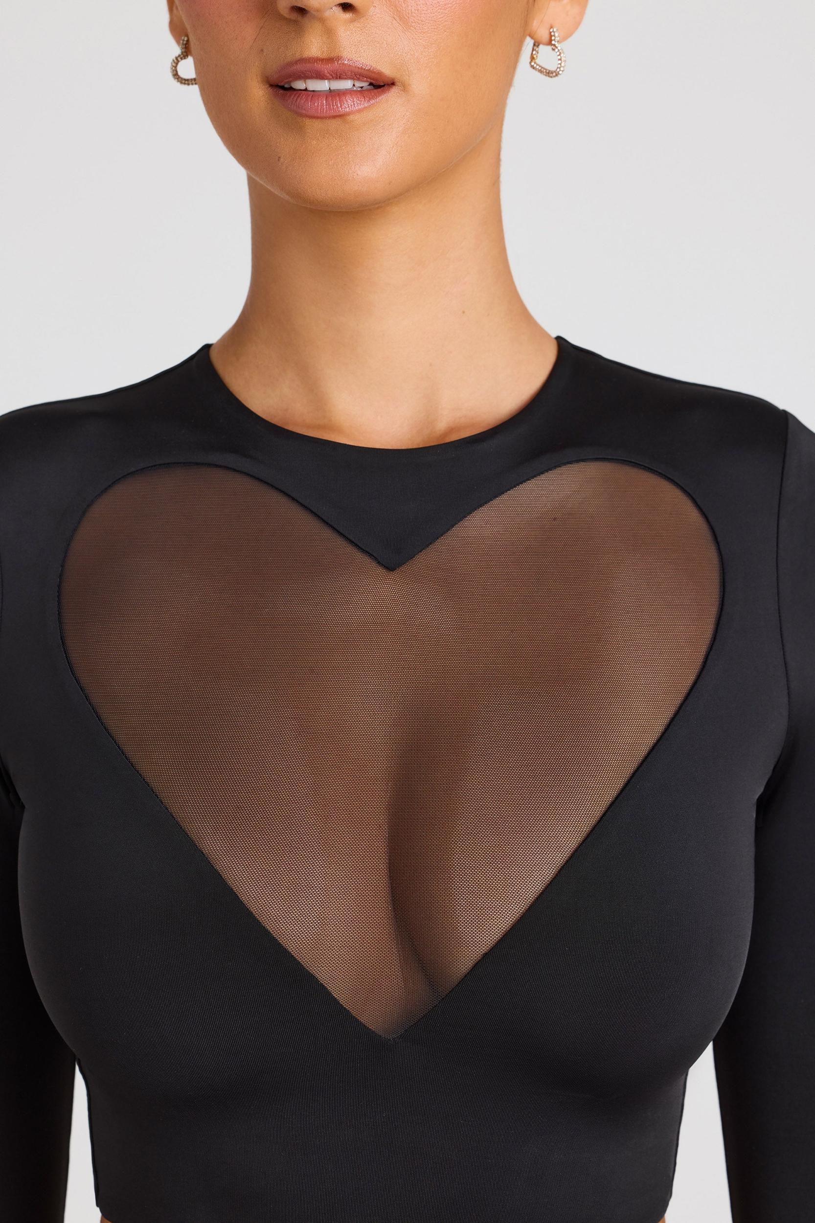 Sheer Panelled Long Sleeve Crop Top in Black Product Image