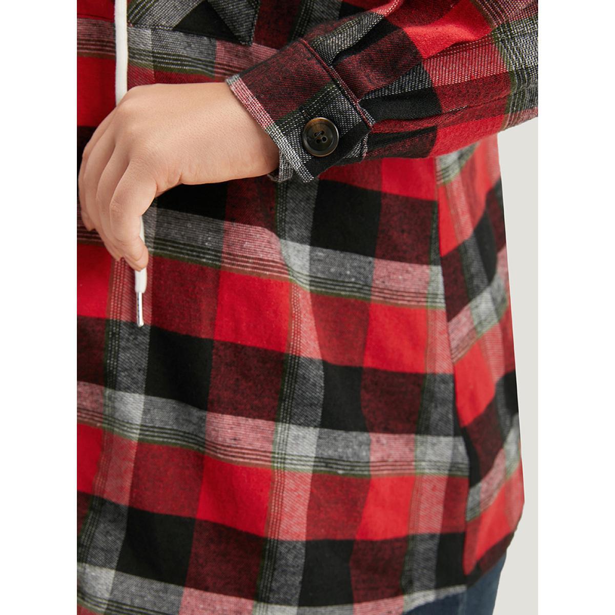 Plus Size Plaid Patchwork Hooded Drawstring Button Through Jacket Women Red Casual Jackets BloomChic 30/6X Product Image