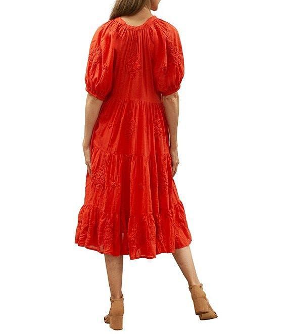 Karyn Seo Floral Embroidered V-Neck Short Sleeve Pocketed A-Line Midi Dress Product Image