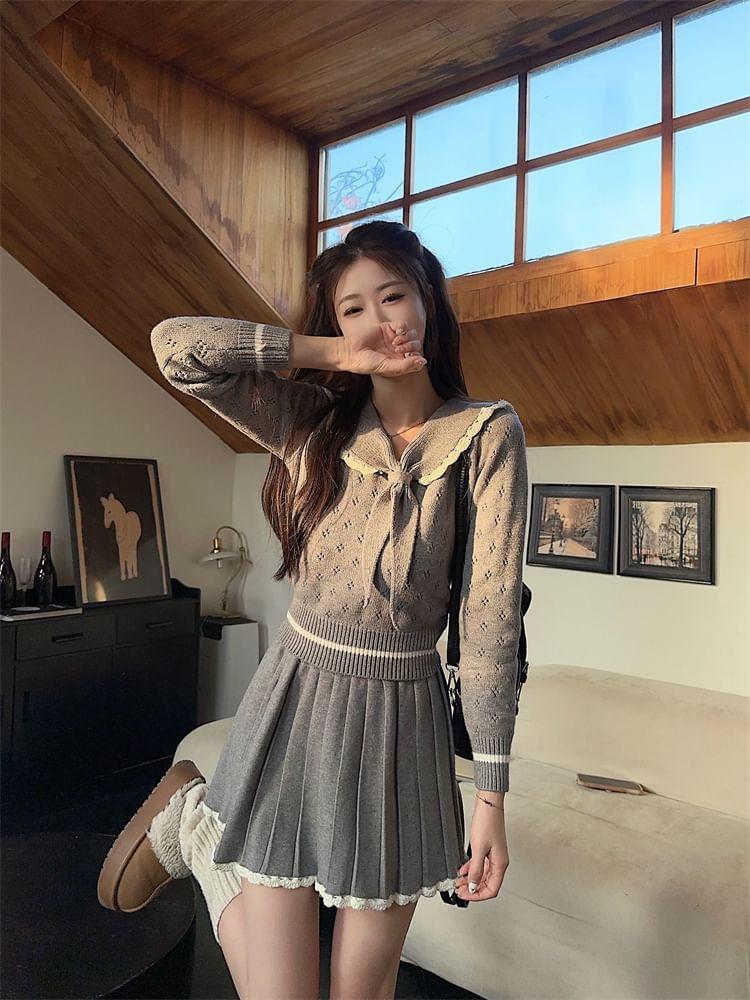 High Rise Plain Lace Trim Pleated Mini A-Line Skirt / Collar Striped Pointelle Knit Sweater / Plaid Shawl Product Image