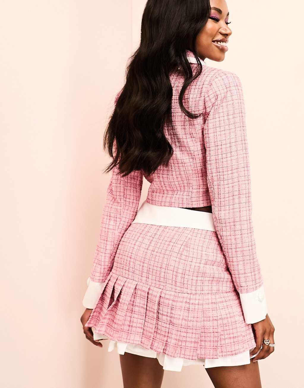 ASOS LUXE boucle pleat mini skirt with poplin detail in pink - part of a set Product Image