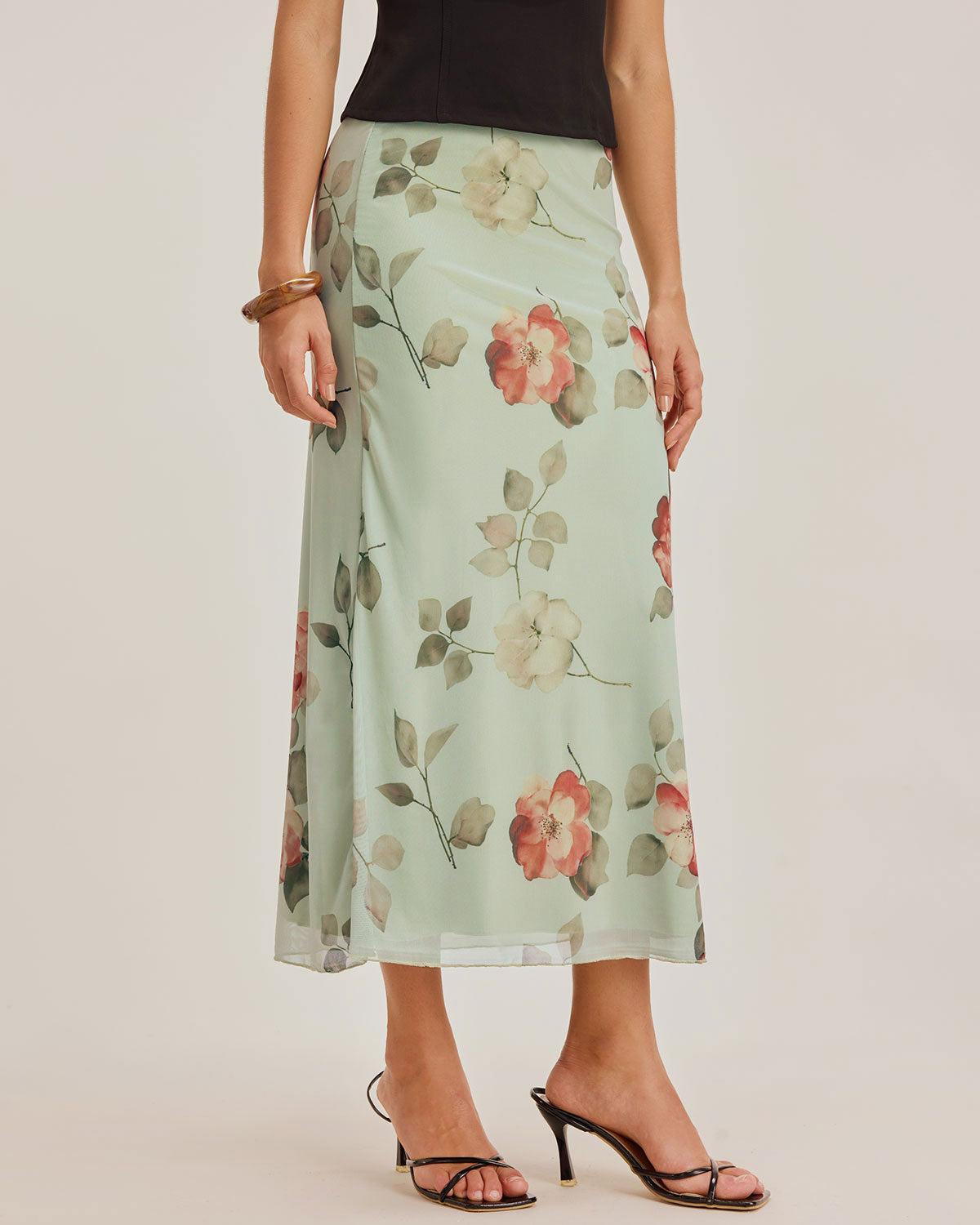 Green Floral Elastic Waist Straight Midi Skirt Product Image