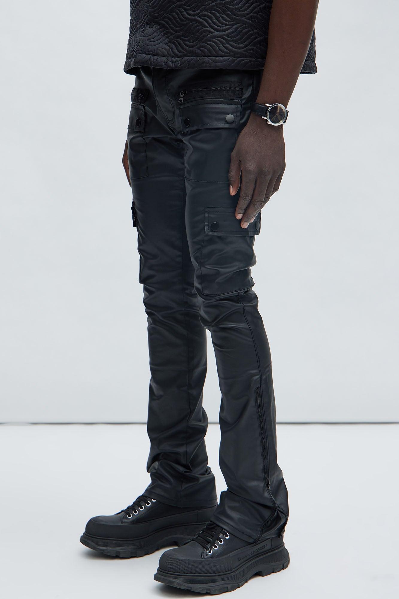 On The Verge Waxed Zipper Skinny Flare Cargo Pants - Black Product Image