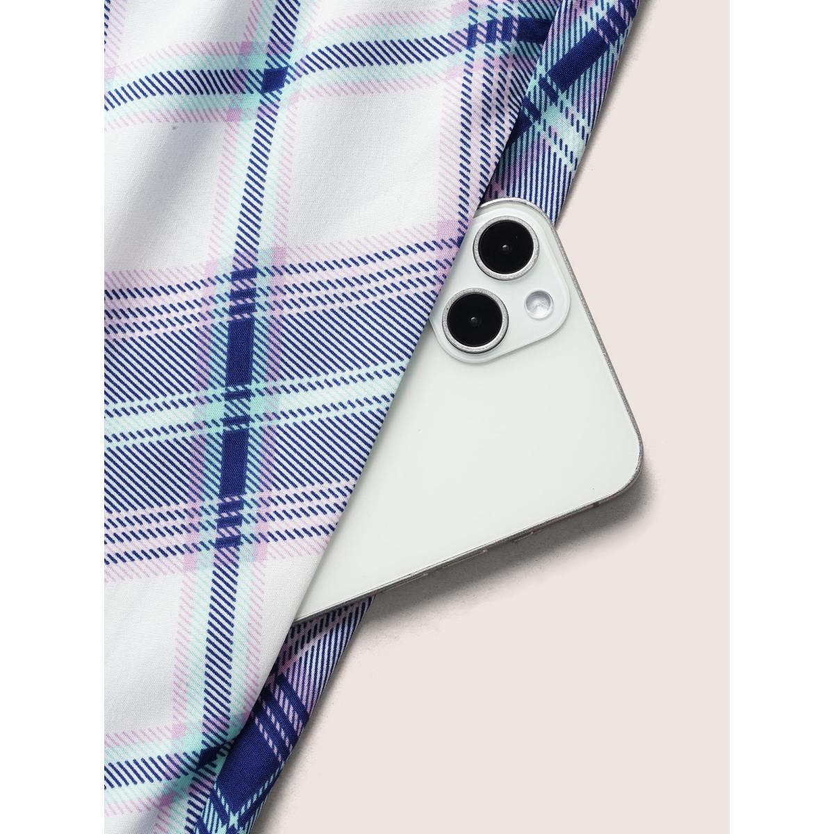 Plus Size Square Neck Plaid Gathered Puff Sleeve Dress DarkBlue Women Casual Gathered Square Neck Short sleeve Curvy BloomChic 18-20/2X Product Image