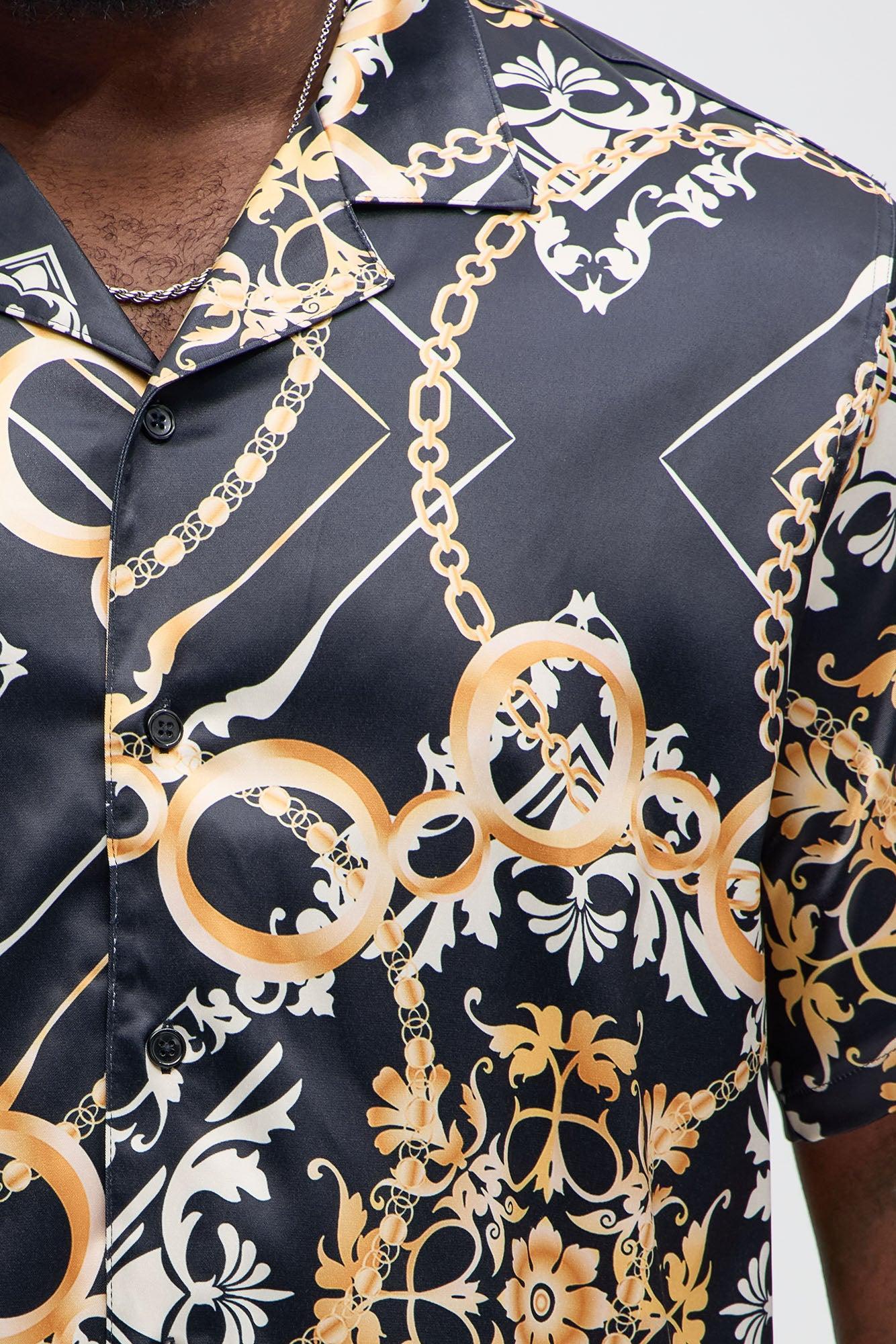 Baroque Chain Cuban Collar Button Up Shirt - Black/Gold Product Image