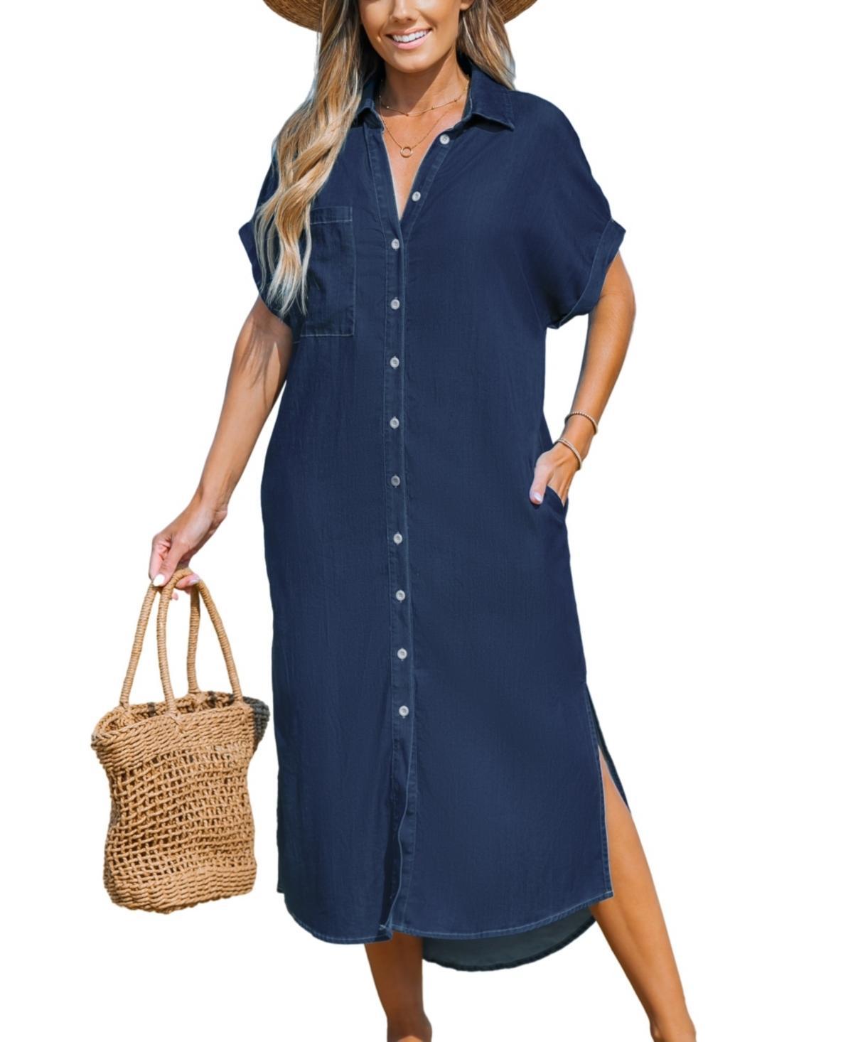 Cupshe Womens Denim Short Sleeve Button Down Cover Up Dress - Light Product Image