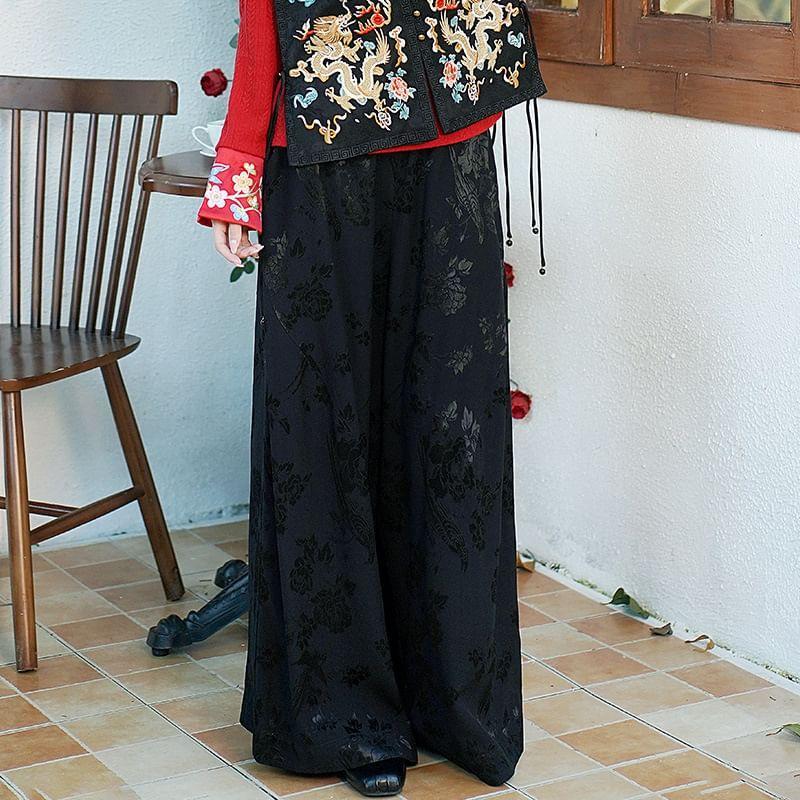 Long-Sleeve Floral Embroidered Faux Pearl Top / High Rise Floral Jacquard Wide Leg Pants / Vest Product Image