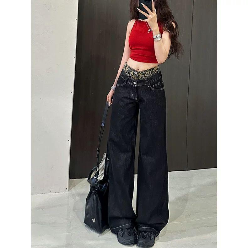 Mid Waist Mock Two-Piece Leopard Print Panel Wide Leg Jeans Product Image