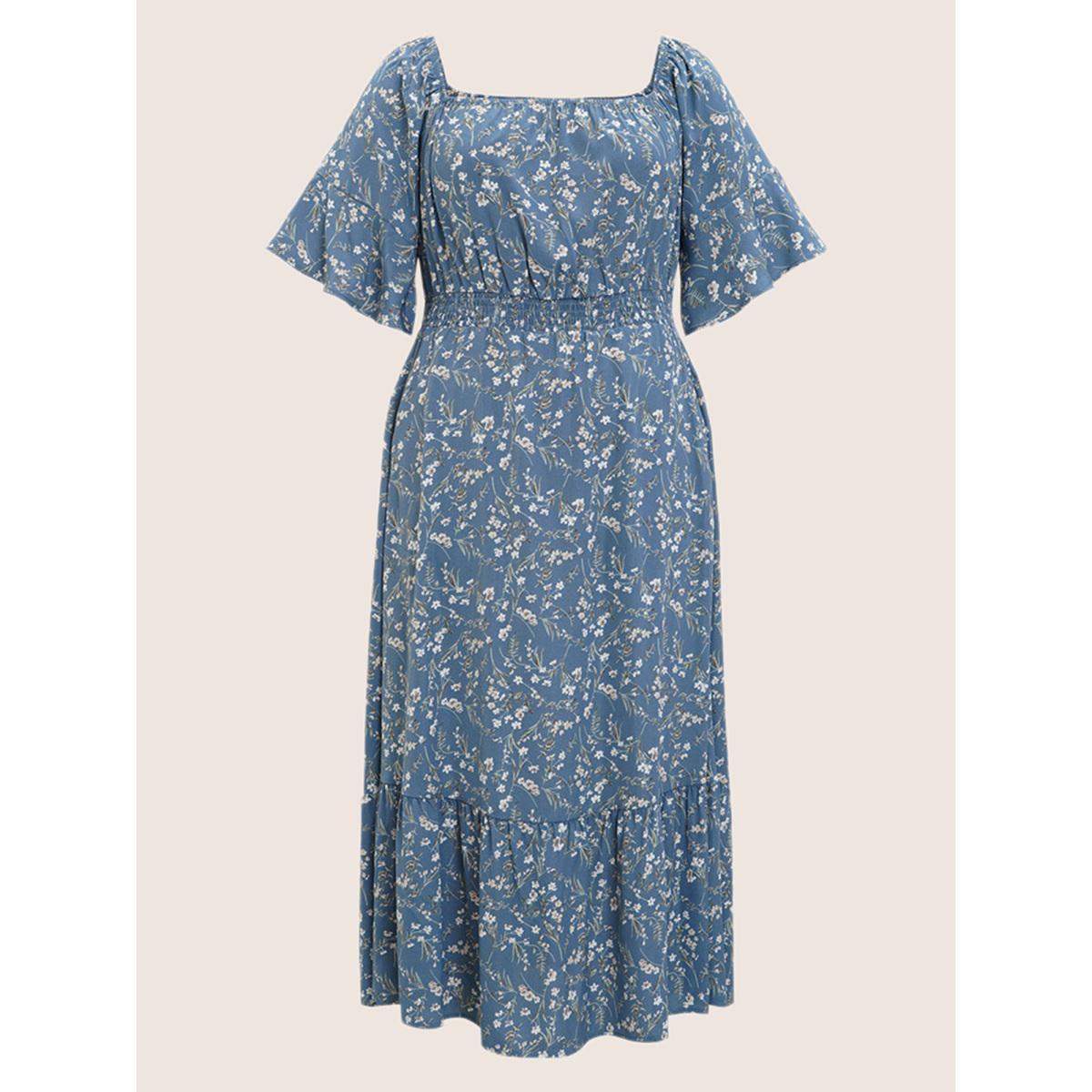 Plus Size Ditsy Floral Pocket Square Neck Shirred Ruffles Dress Stone Women Elegant Non Square Neck Short sleeve Curvy Midi Dress BloomChic 30/6X Product Image