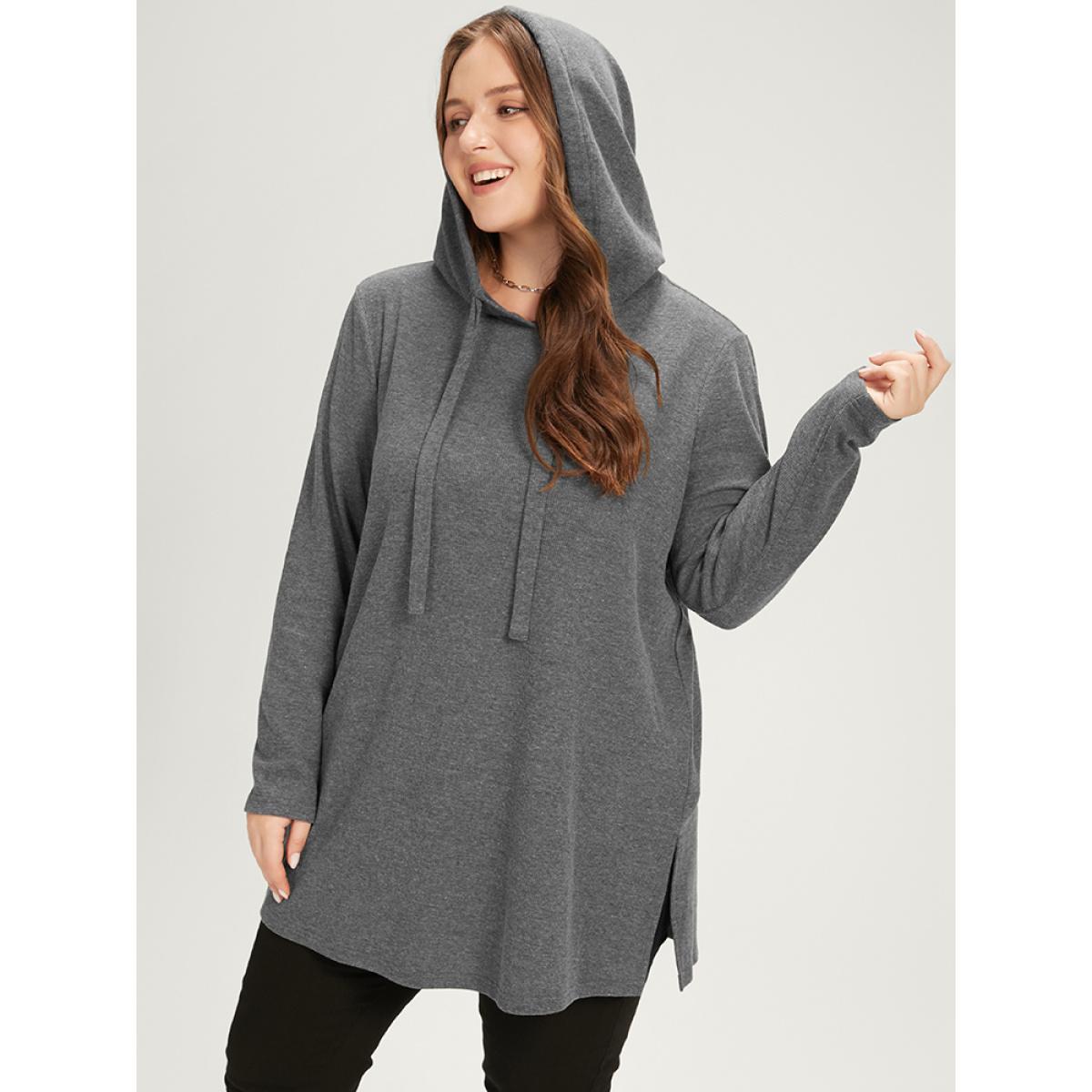 Plus Size Solid Drawstring Split Hem Hooded Sweatshirt Women DimGray Casual Hooded Dailywear Sweatshirts BloomChic 26/4X Product Image