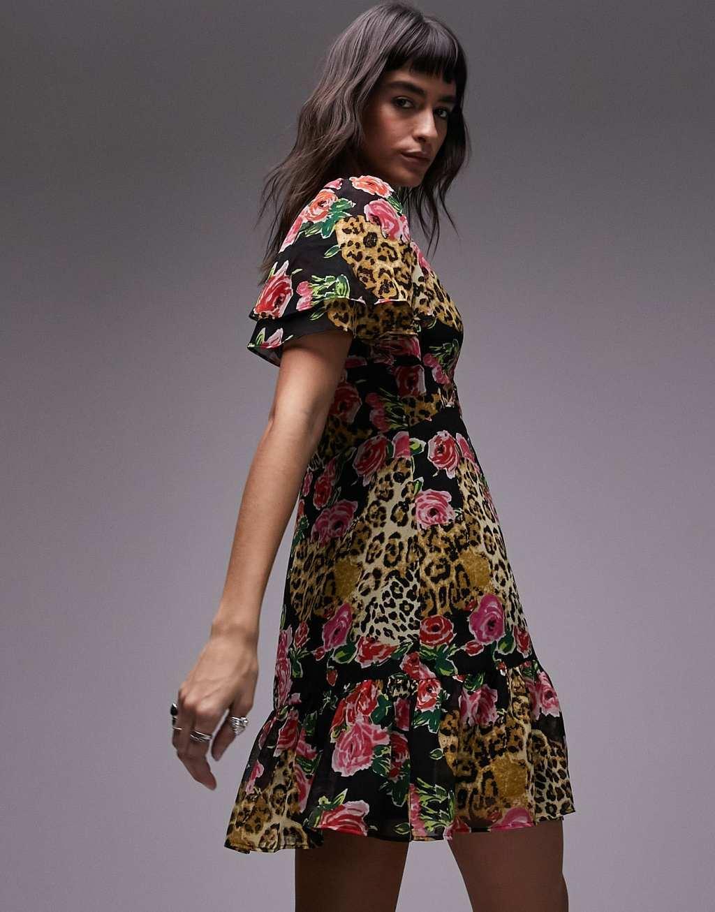 Topshop Bella tea dress with angel sleeve in pink rose spot print Product Image