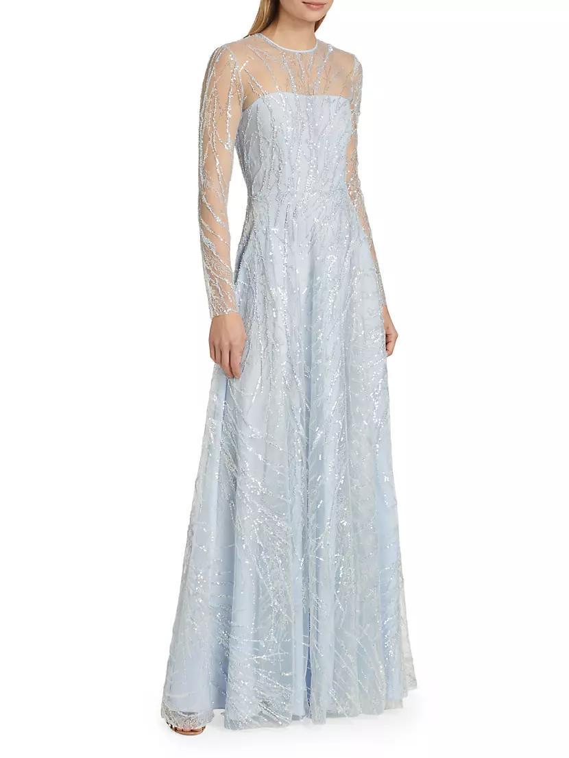 Sequined Long-Sleeve Illusion Gown Product Image