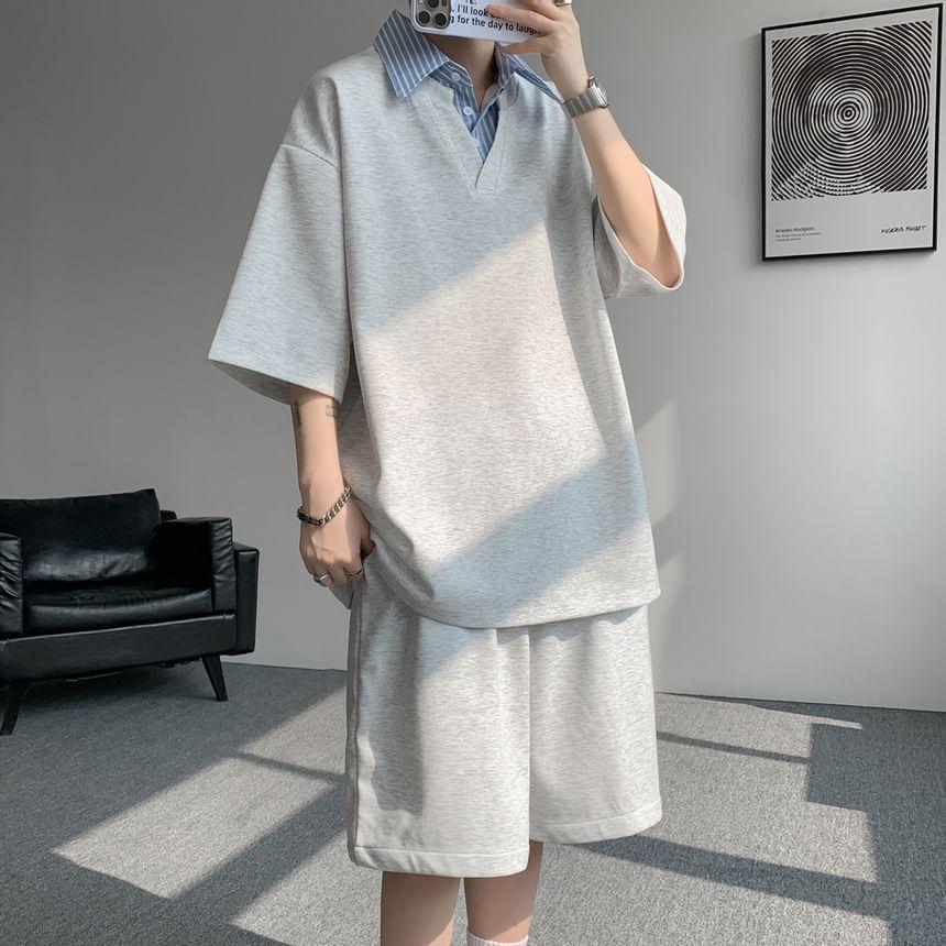 Set: Short Sleeve Collared Striped Mock Two Piece Top + Elastic Waist Plain Sweat Shorts Product Image